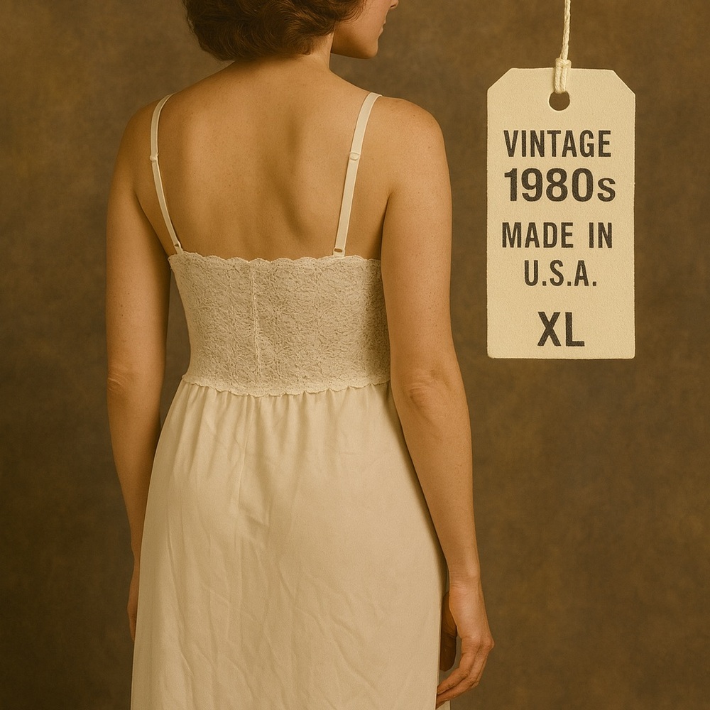 Vintage 1980s Ivory Nylon Lace Full Slip Nightgown Style 1X USA Made - Picture 2 of 6